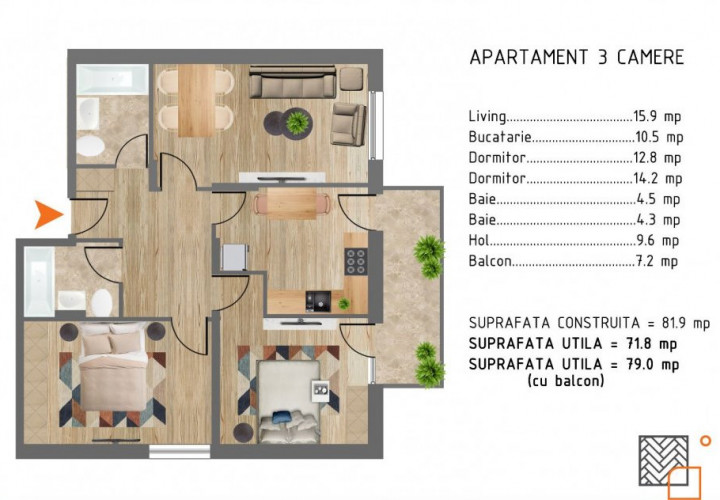 Apartament 3 camere doua bai decomandat mobilat-utilat 