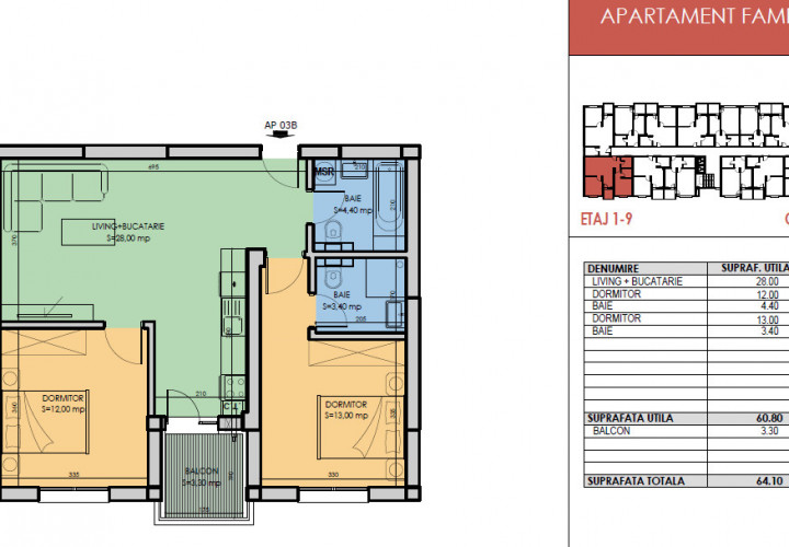 PASARELA BERCENI Apartament cu 3 camere -incalzire prin pardoseala-64 mp